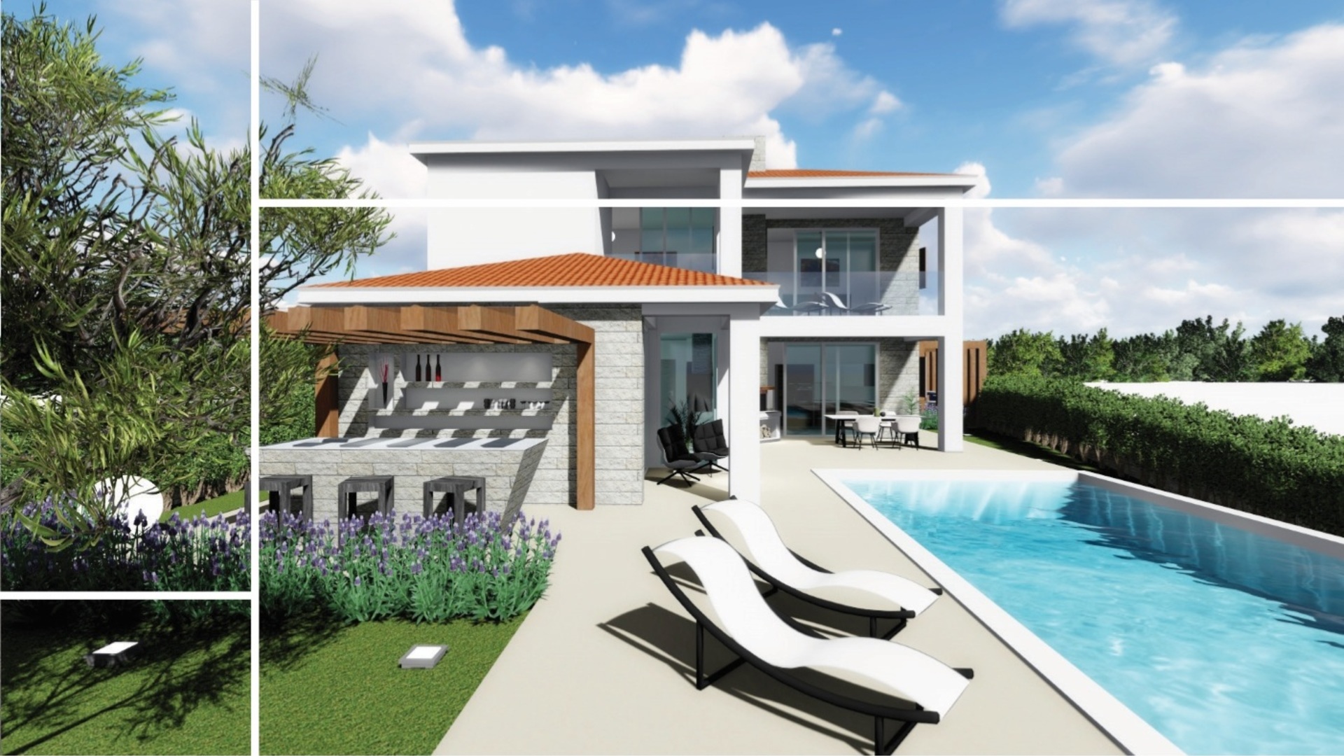 Luxury villas with pool, under construction in the 1st row by the sea